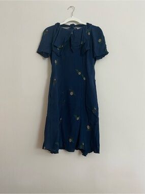 Marni Navy Blue Short-Sleeve Bow Dress with Subtle olives